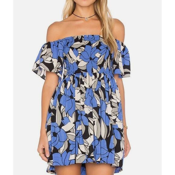 Free People Indigo Floral Smocked Mini Dress Boho Peasant Puff Sleeve Size M - Picture 1 of 11